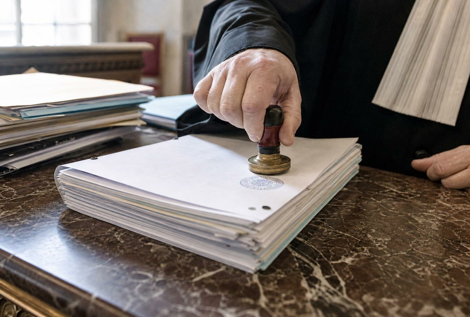 Gros plan photojournalistique sur une main de magistrat tamponnant un dossier judiciaire dans un tribunal français.