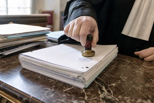 Gros plan photojournalistique sur une main de magistrat tamponnant un dossier judiciaire dans un tribunal français.