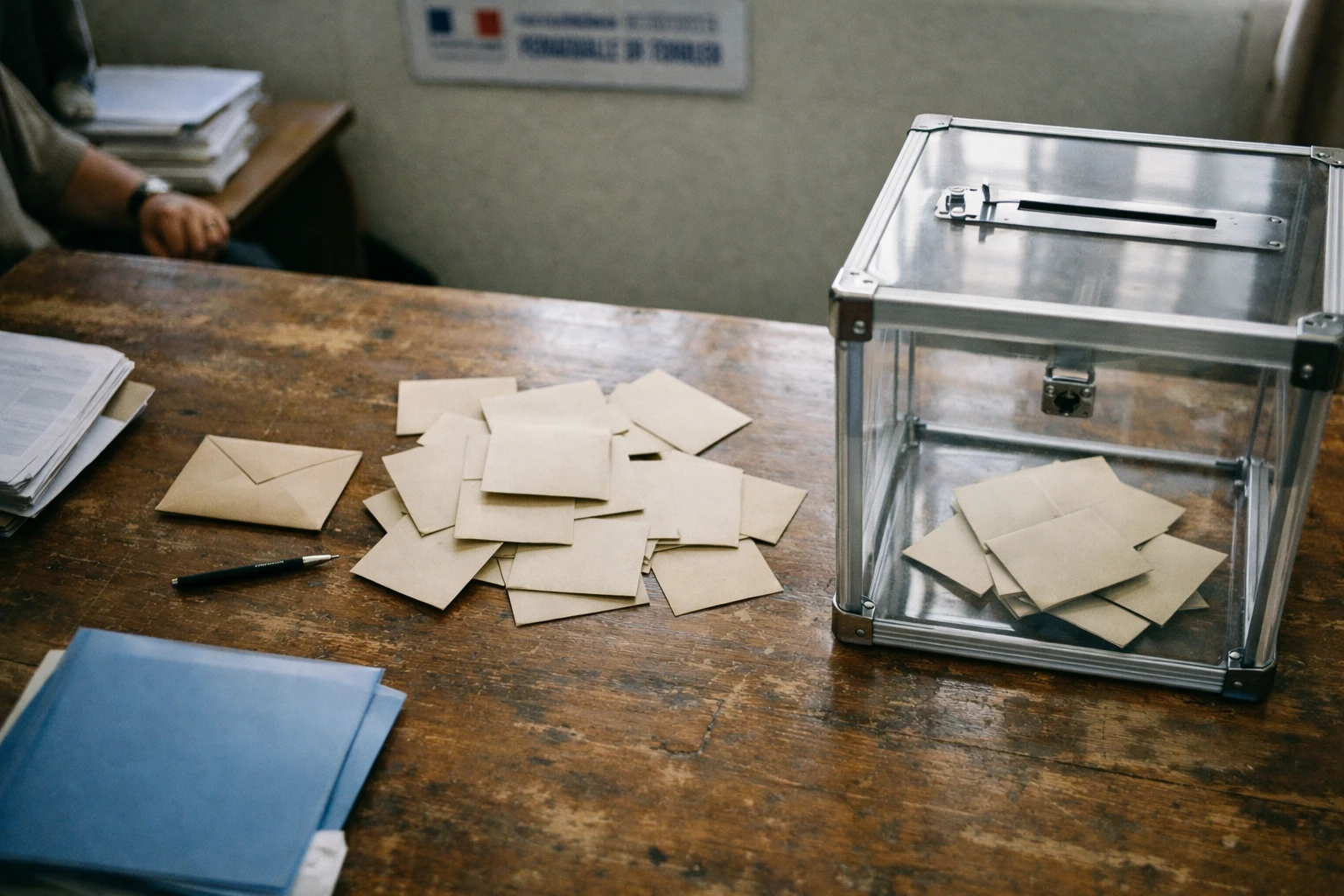 Urne transparente et bulletins de vote dans un bureau électoral en Nouvelle-Calédonie, photo de presse éditoriale.