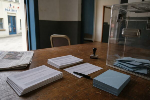 Vue documentaire d’une table de bureau de vote en Nouvelle-Calédonie avec urne transparente, bulletins et documents électoraux anonymisés.