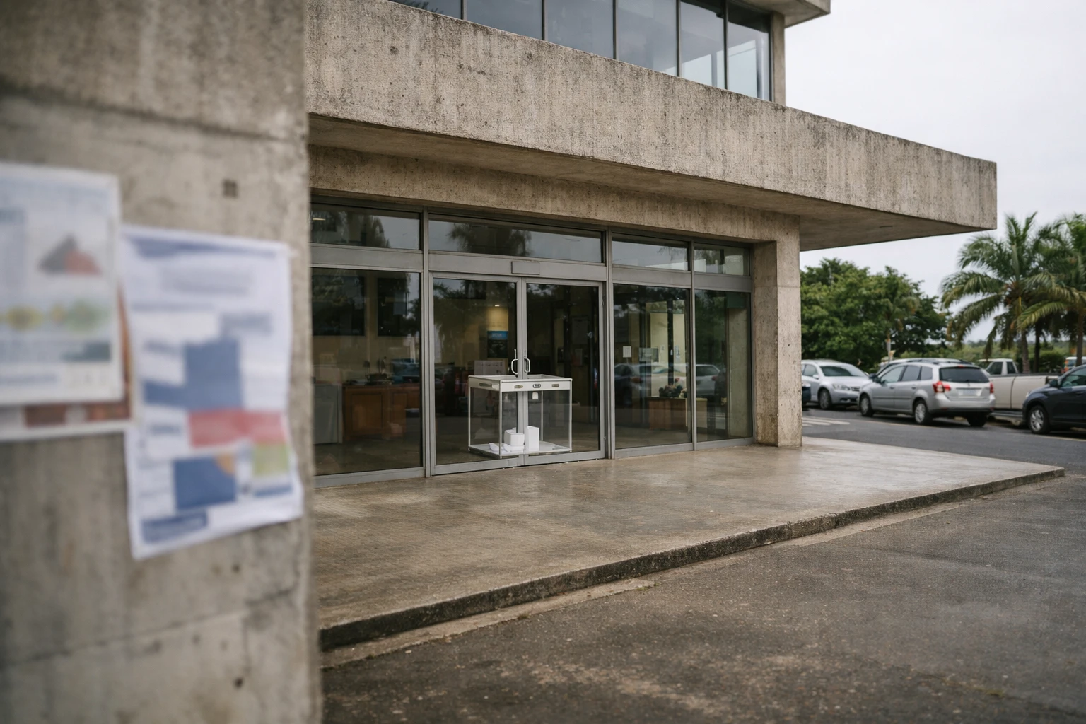 Extérieur d’un bâtiment institutionnel en Nouvelle-Calédonie avec urne transparente visible derrière une entrée vitrée, illustrant l’impasse sur les élections provinciales.