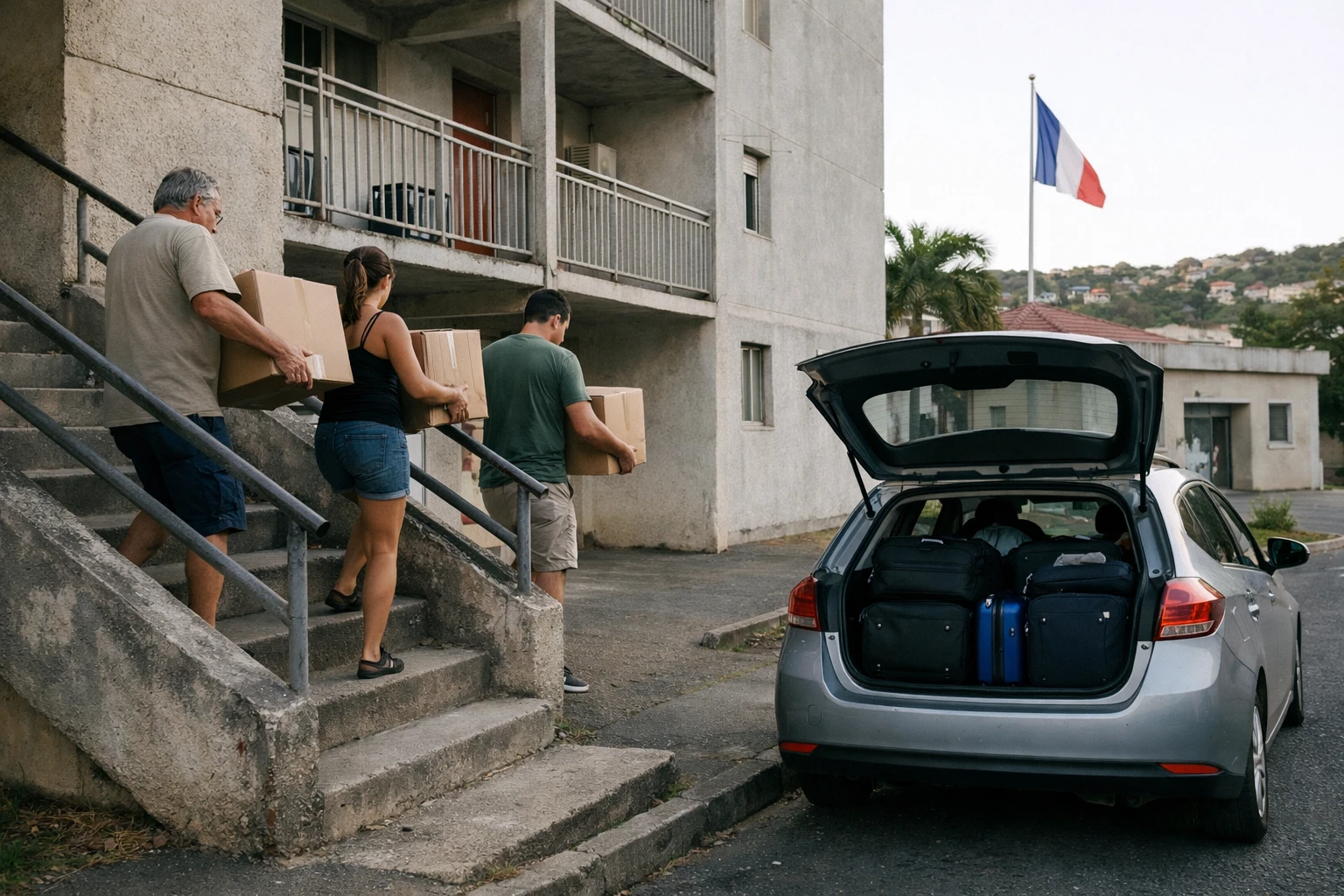 Des habitants déménagent devant un immeuble de Nouméa, sur fond de départs prolongés en Nouvelle-Calédonie.