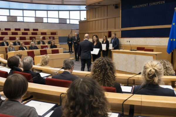 Cérémonie de remise de l’ordre européen du Mérite dans l’hémicycle du Parlement européen à Strasbourg, avec sièges rouges et pupitre institutionnel.