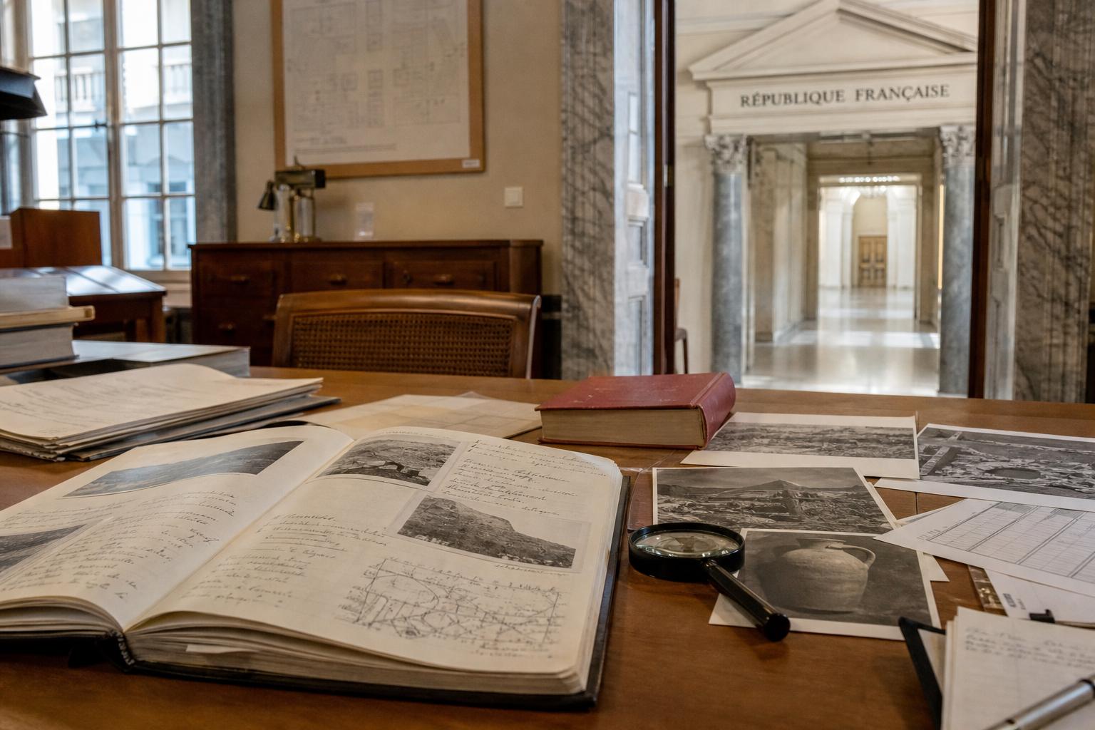 Une scène d’archives publiques françaises avec dossiers, photos archéologiques et livre d’anthropologie sur fond institutionnel.