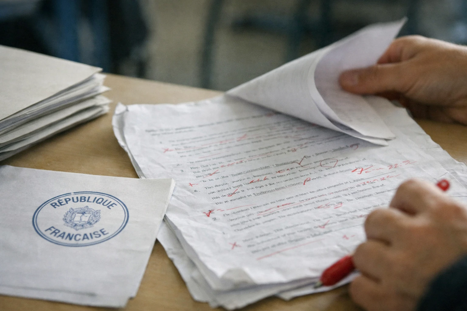 Gros plan photojournalistique sur une copie d’examen corrigée avec annotations rouges et tampon officiel français