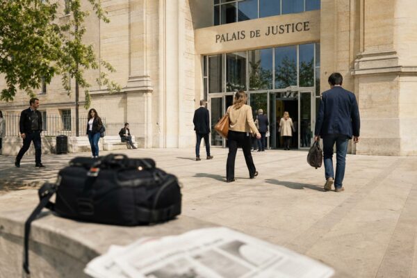 Façade d’un palais de justice français avec forecourt calme, aurore claire et matériel de presse au premier plan