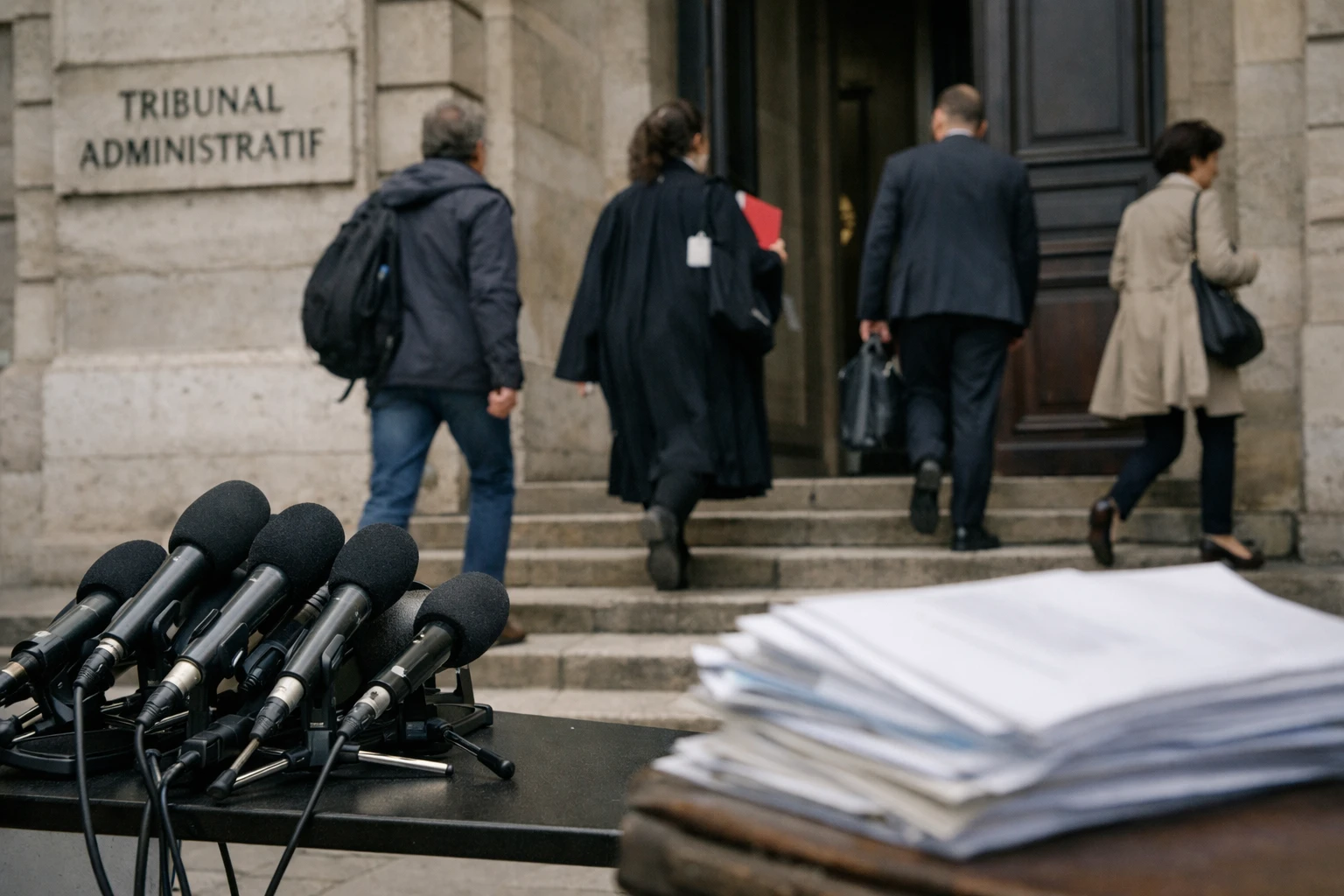 Journalists outside the Paris administrative court during a ruling on a protest ban.