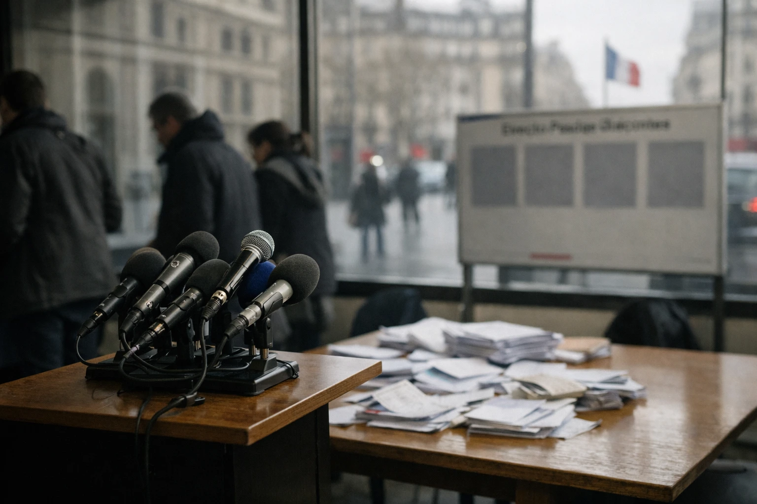 Press photo of a Paris campaign headquarters with an empty podium, microphones, staff in the background and a discreet French flag.
