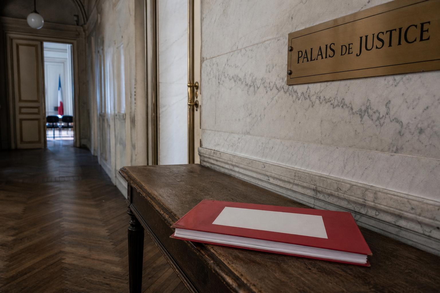 Corridor vide du palais de justice de Paris avec dossier fermé sur un banc et marbre institutionnel.