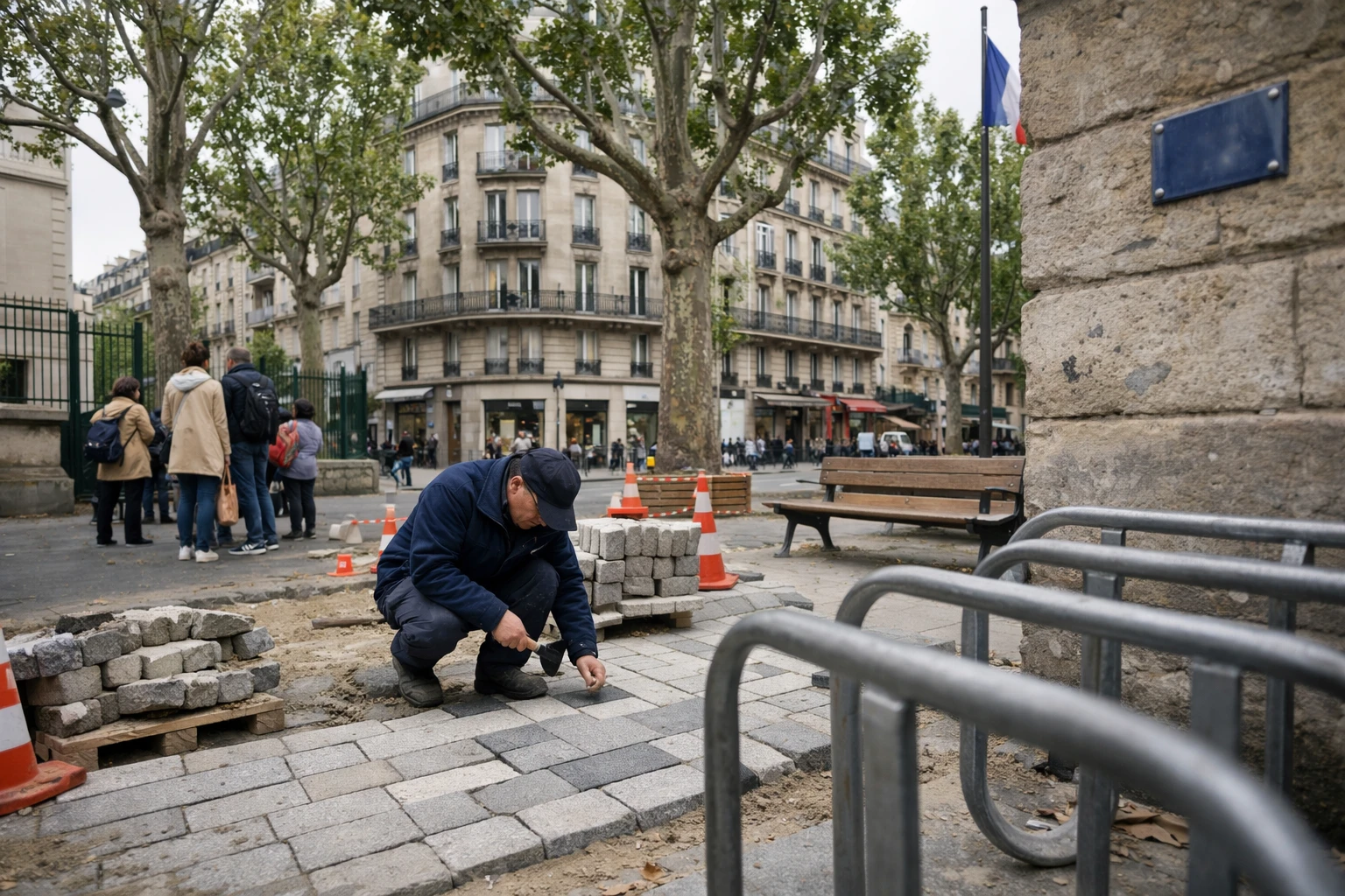 Scène de rue à Paris montrant une place de quartier, un trottoir rénové et des parents devant une école municipale