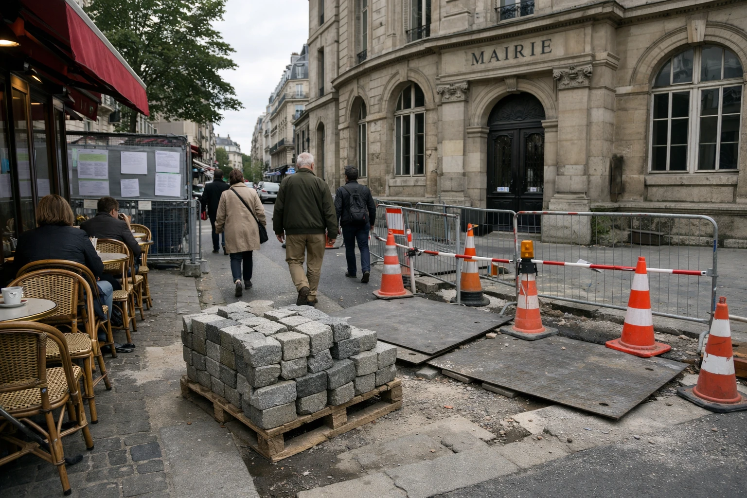 Rue parisienne avec trottoir en travaux, terrasse de café et façade de mairie en arrière-plan