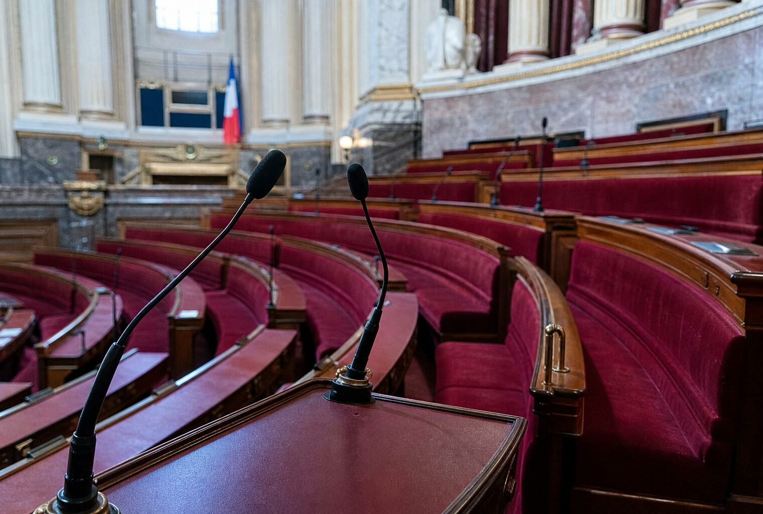 Intérieur vide du Sénat avec sièges rouges et pupitre, illustrant le débat sur la session extraordinaire