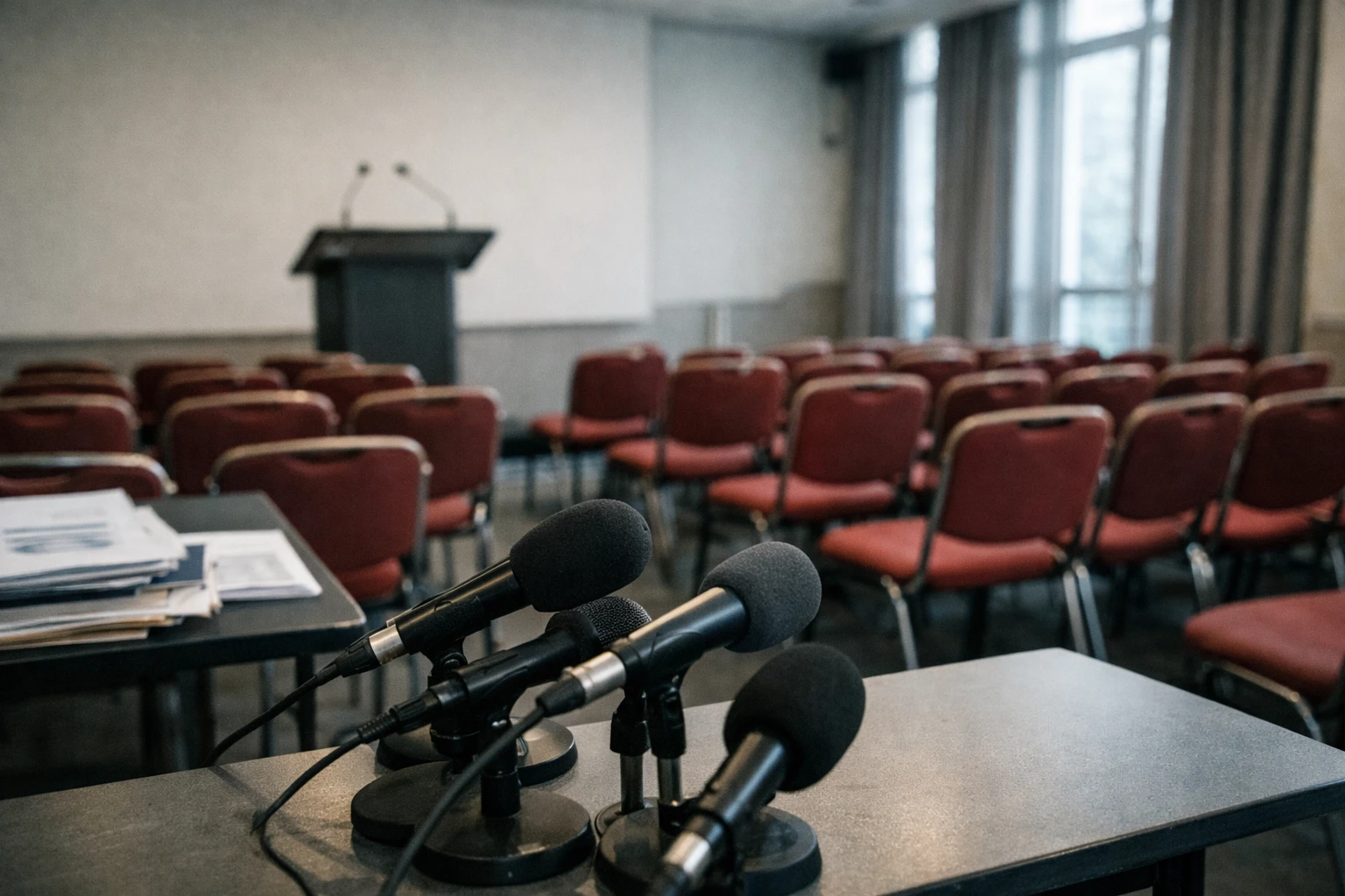 Salle de presse politique vide avec pupitre, micros et rangées de sièges rouges, illustrant la crise de direction du Parti socialiste.