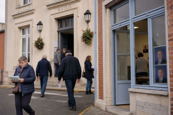 Des citoyens devant une mairie de commune, avec une permanence locale en arrière-plan et une ambiance de campagne discrète.