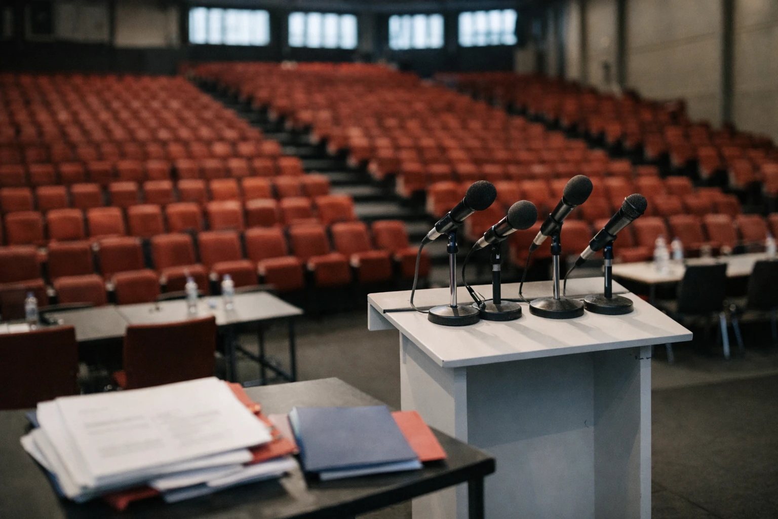 Salle de congrès politique vide avec pupitre, micros et rangées de sièges rouges à Lille