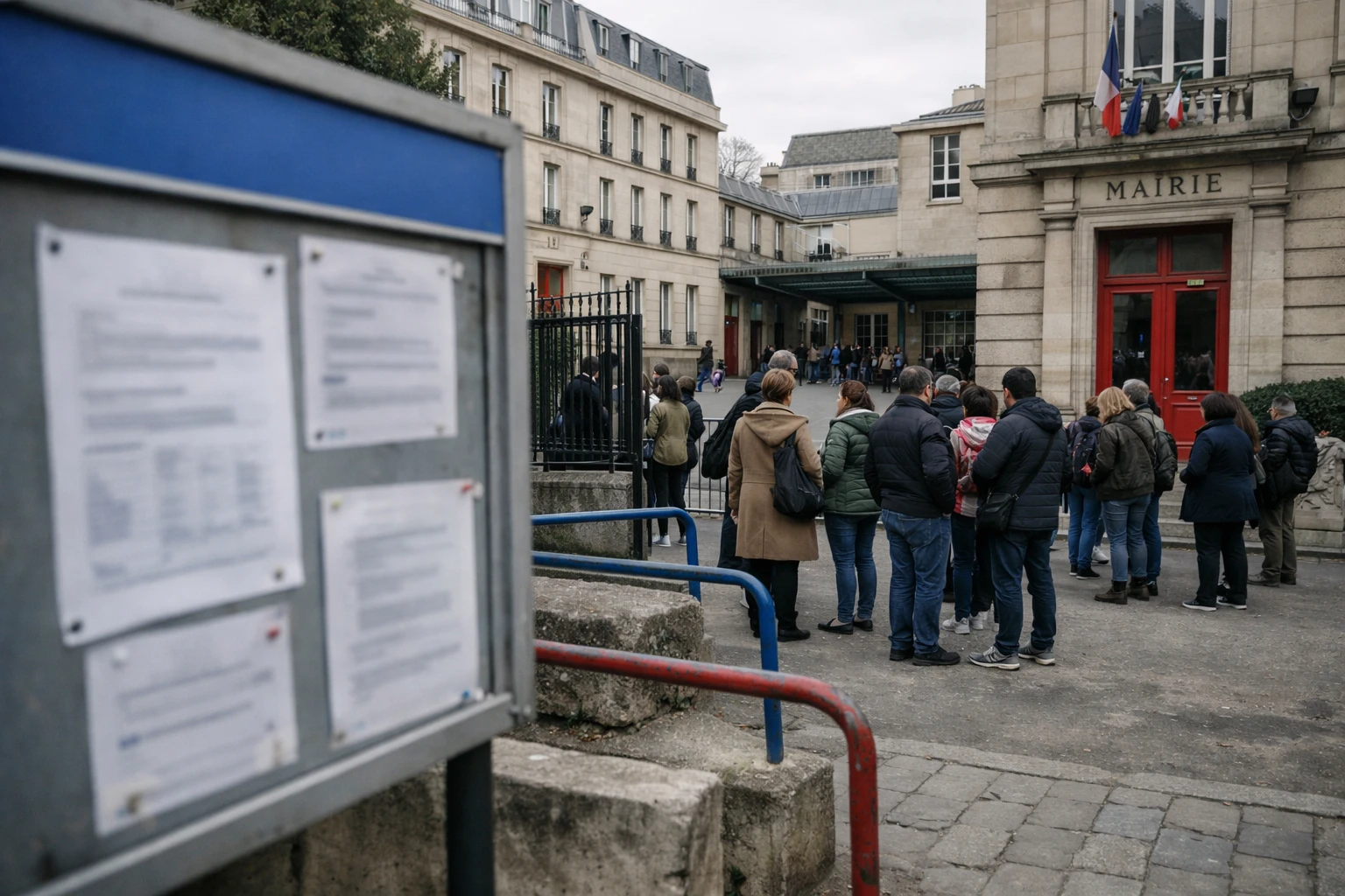 Parents devant une école parisienne, avec la mairie visible en arrière-plan, pour illustrer la demande de garanties sur le périscolaire.