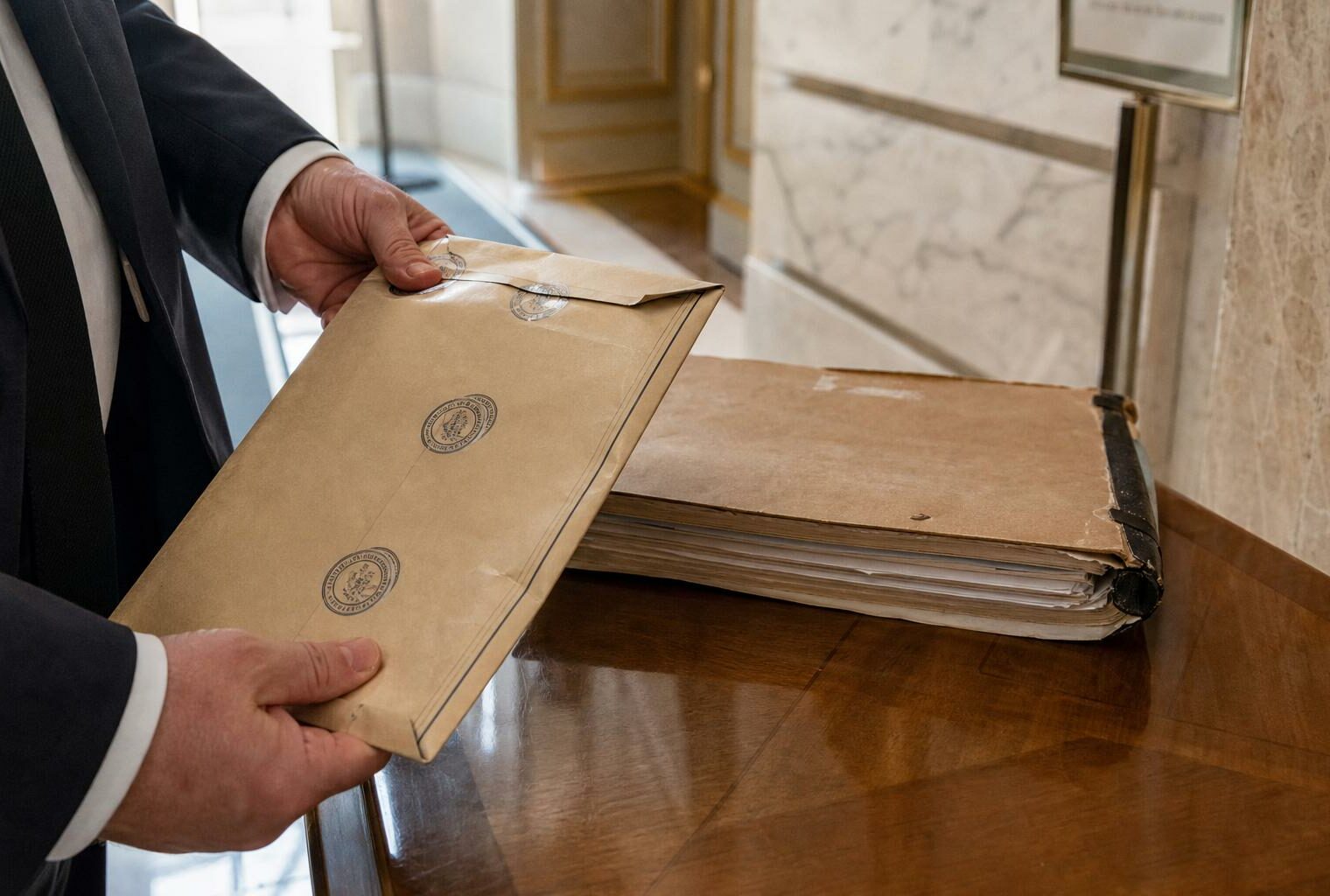 Main d’enquêteur avec dossier et enveloppe scellée dans un couloir lumineux de l’Élysée