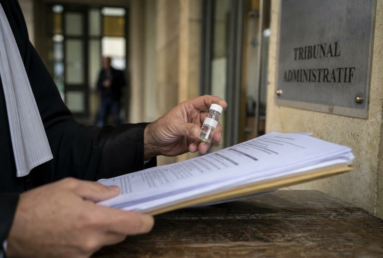 Dossier juridique et échantillon d’eau dans un contexte de justice administrative française sur la pollution aux PFAS.