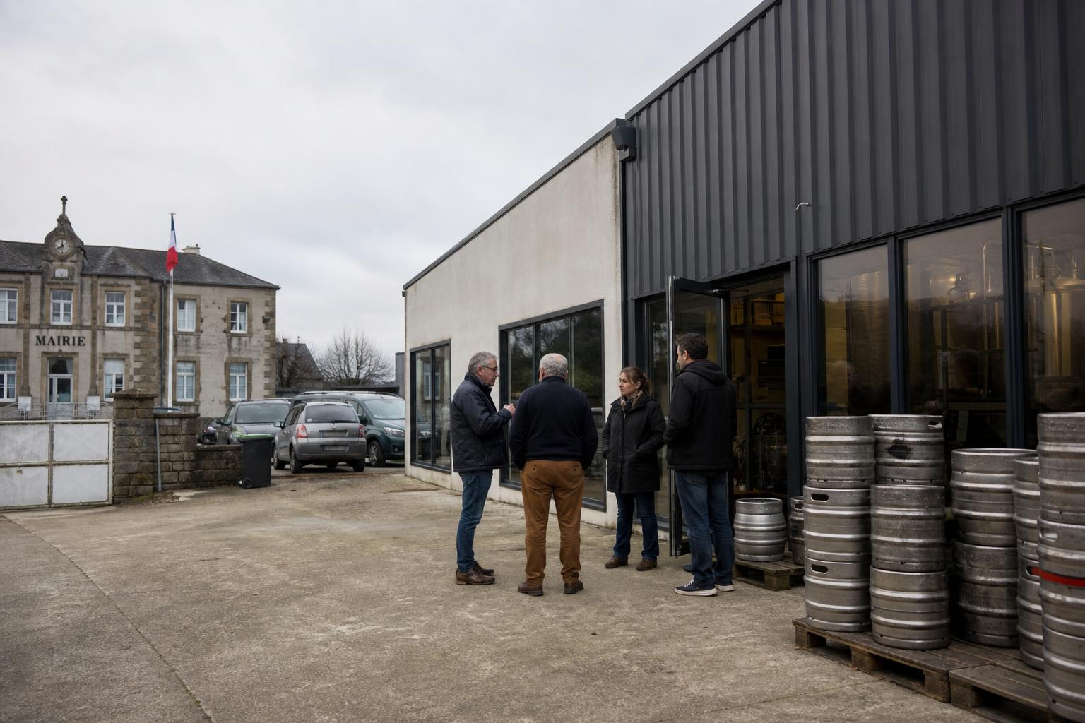 Brasserie artisanale à Pléguien avec quelques habitants devant l’entrée et la mairie en arrière-plan.