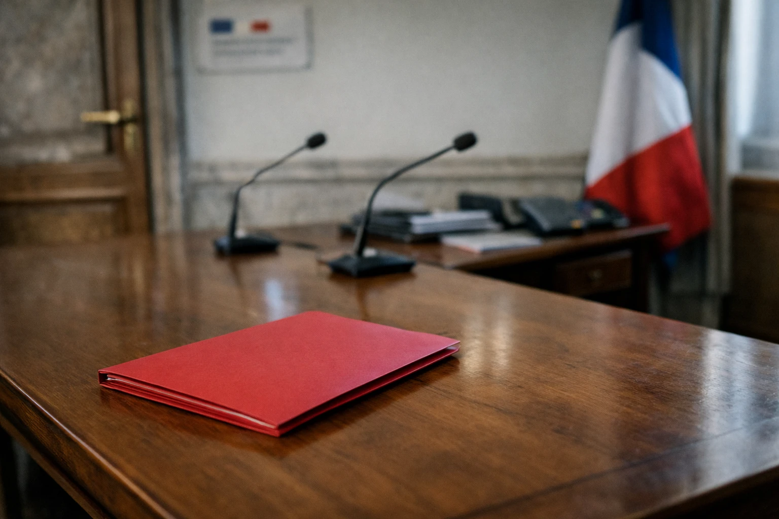 Bureau institutionnel français vide avec dossier fermé et drapeau tricolore partiel, illustrant la baisse de popularité de l’exécutif