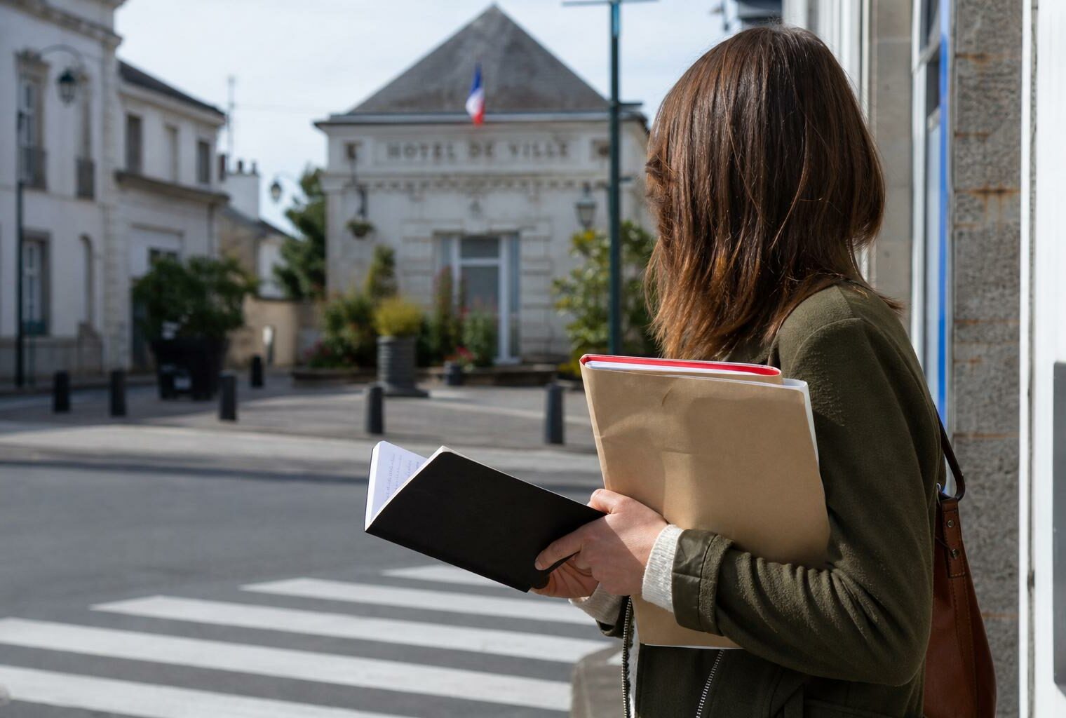 Portrait d’un jeune collaborateur anonyme avec carnet devant une mairie de province