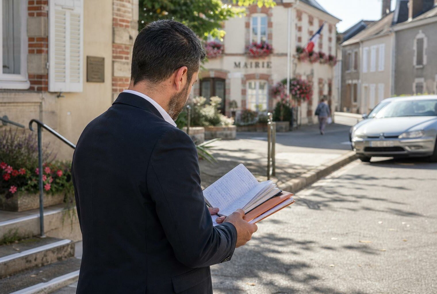 Élu local anonyme devant une mairie française, carnet à la main, dans une rue calme en lumière naturelle.