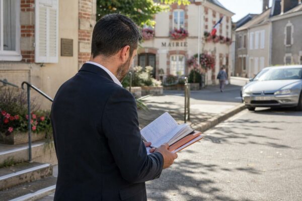 Élu local anonyme devant une mairie française, carnet à la main, dans une rue calme en lumière naturelle.