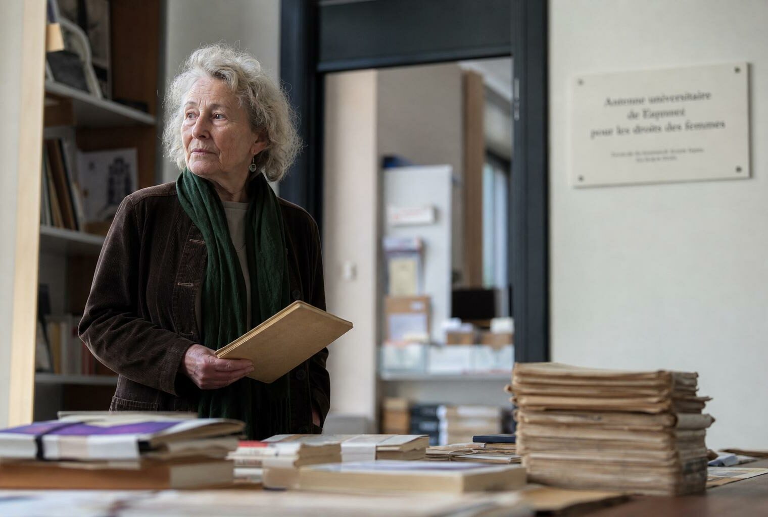Portrait éditorial d’une militante féministe française dans une salle d’archives, avec dossiers et livres anciens, lumière naturelle et ambiance de presse.