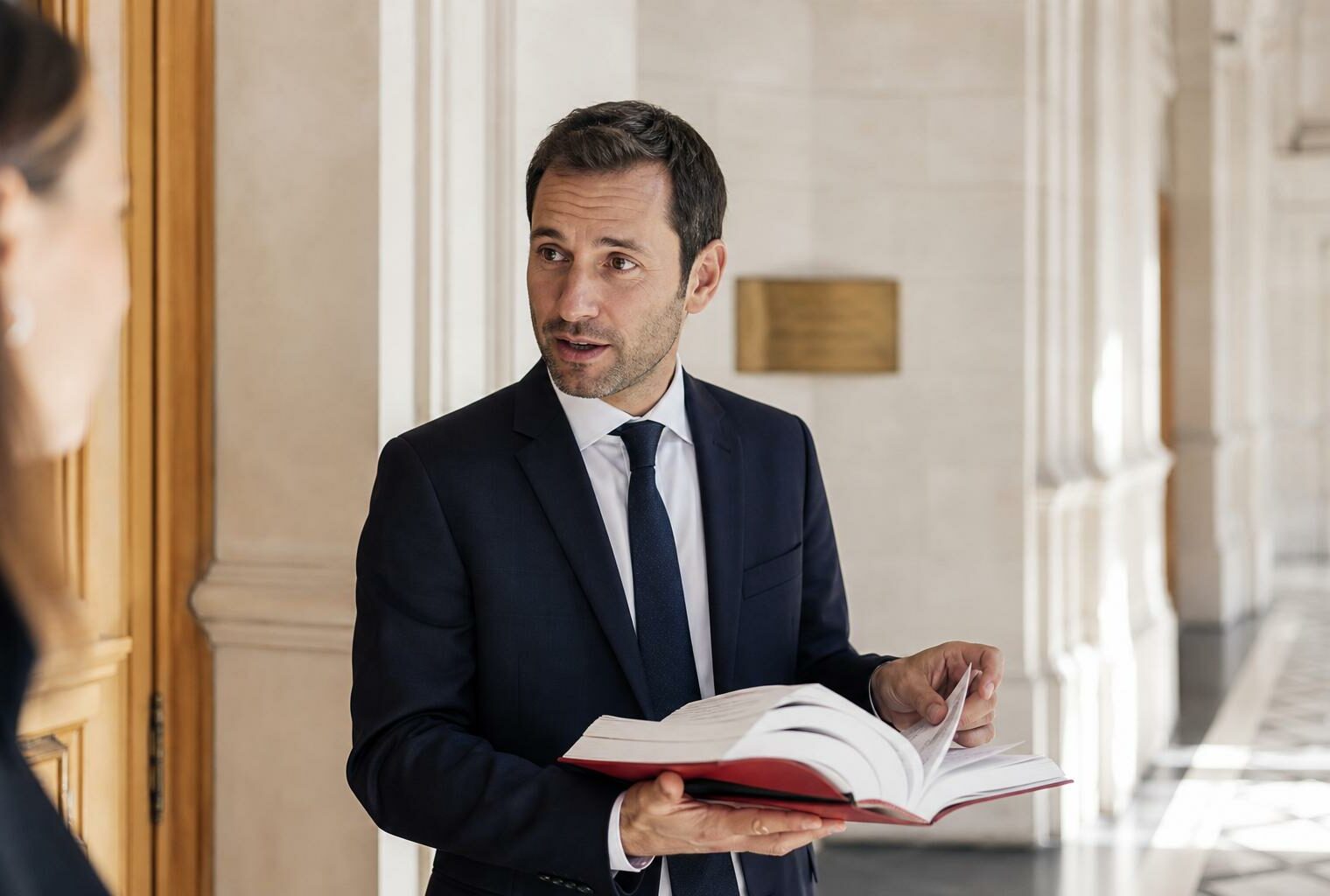 Portrait d’un juriste français dans un couloir de palais de justice, tenant un code de loi ouvert.