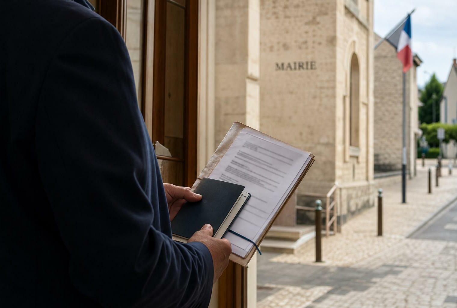 Collaborateur local anonyme devant une mairie, dossier à la main, dans une lumière naturelle et claire
