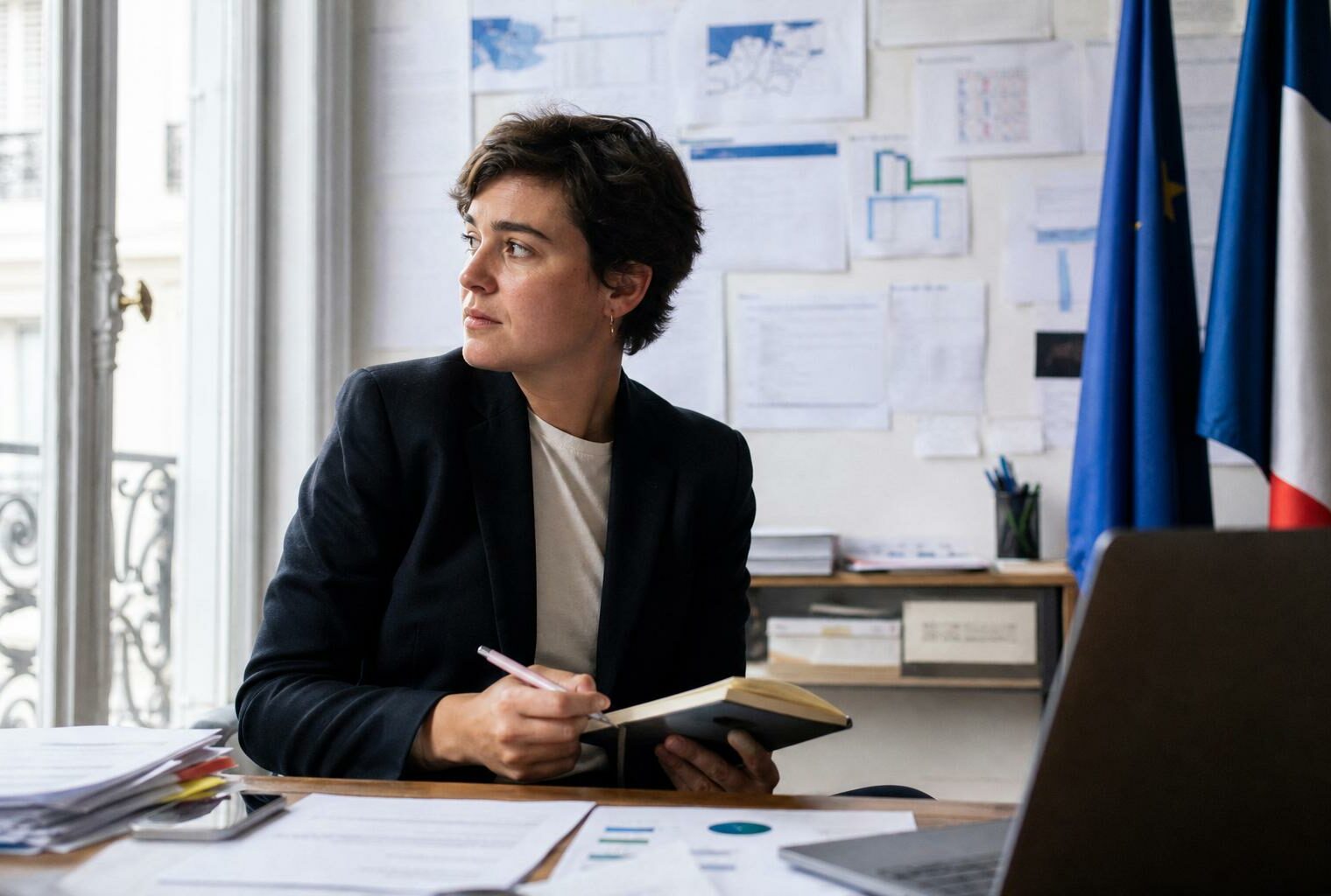 Portrait d’un stratège de campagne en bureau parisien, avec documents flous et ambiance de présidentielle.