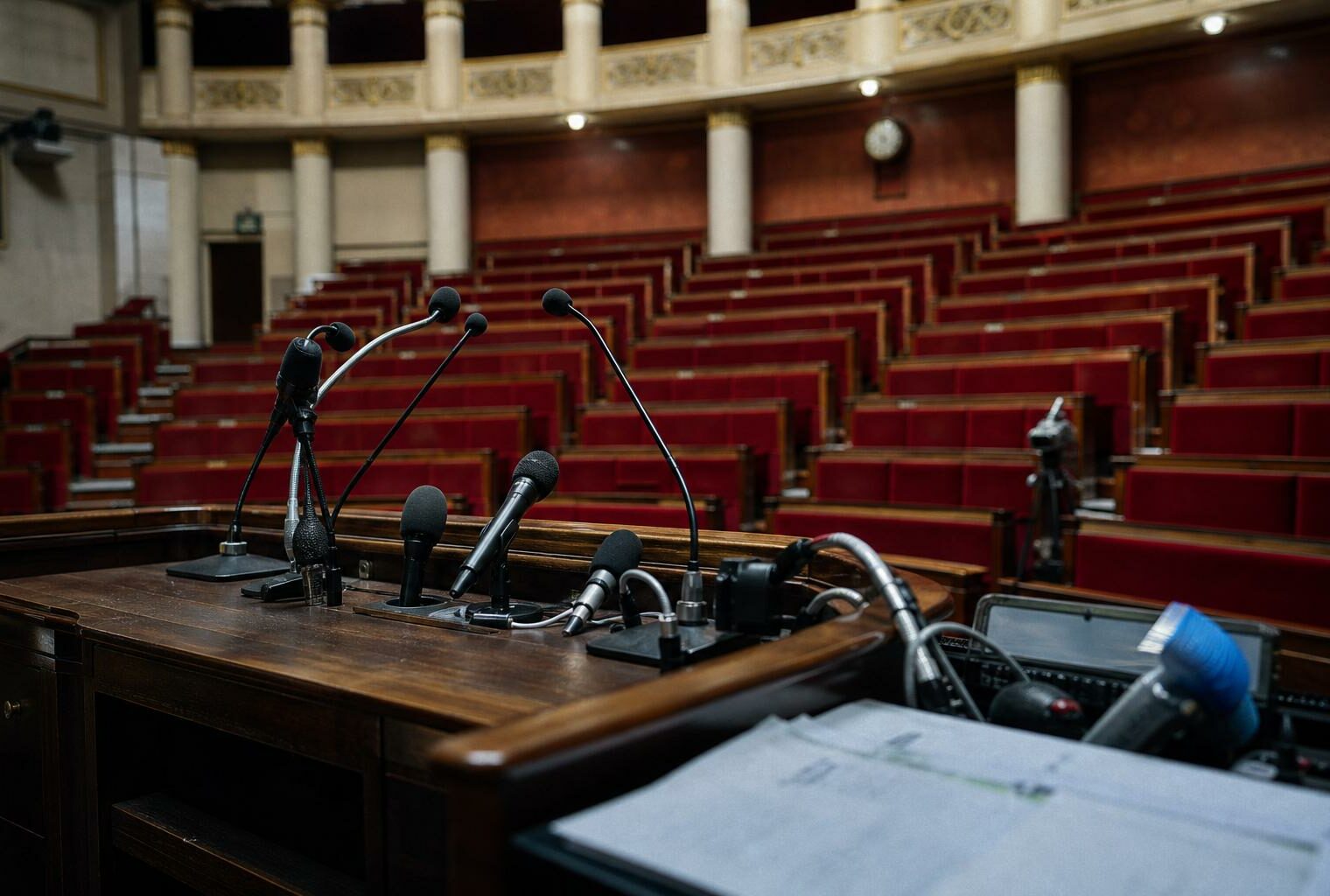 Salle de presse de l’Assemblée nationale avec pupitre vide et micros, rangées de sièges rouges en arrière-plan