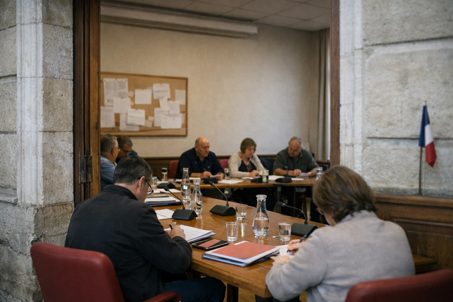Façade de mairie française et salle de conseil intercommunal avec élus locaux anonymes en réunion