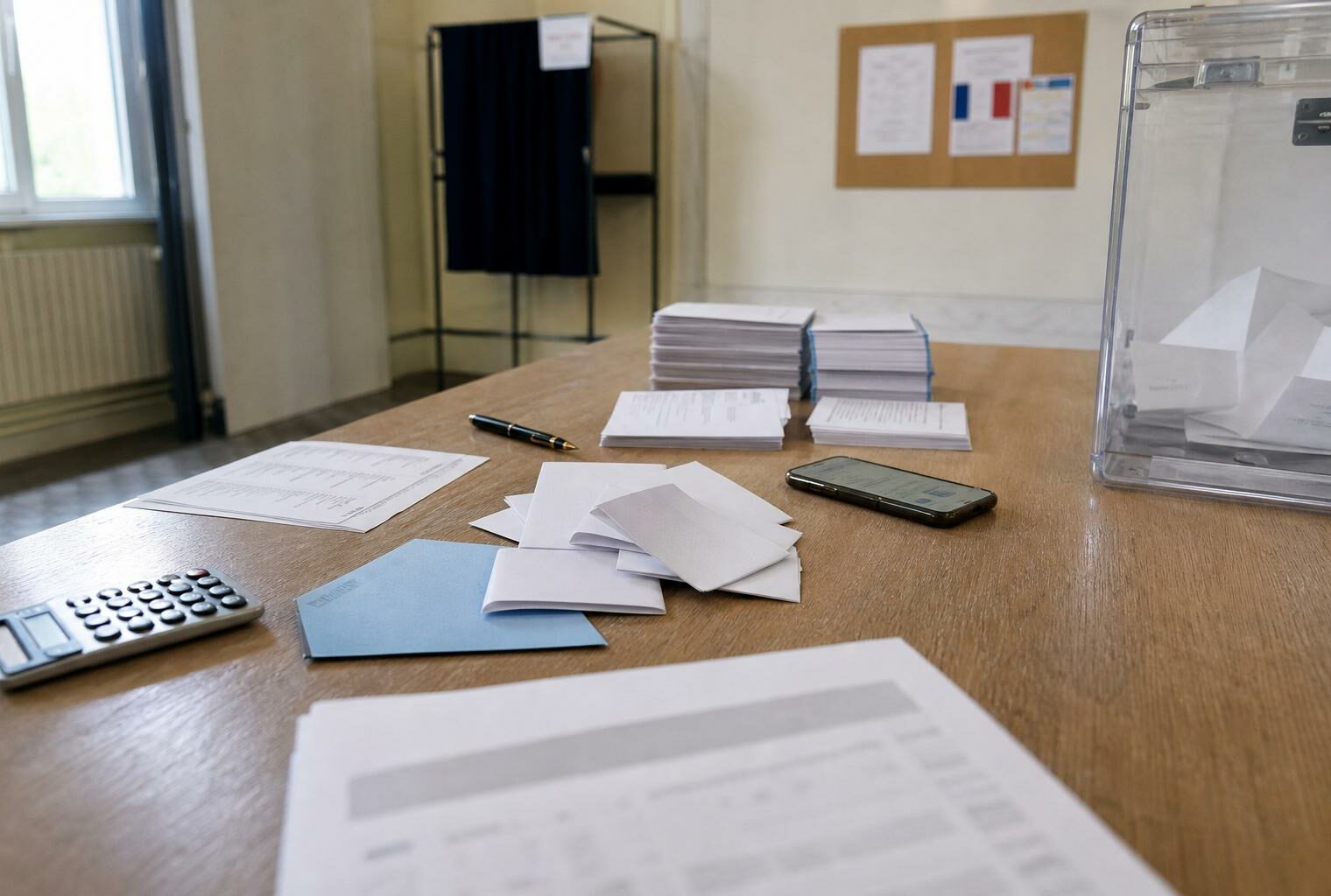 Flat lay photojournalistique d’un bureau de vote français avec bulletins, urne transparente et documents administratifs flous