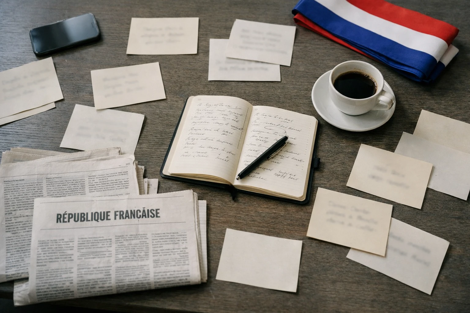 Table de campagne présidentielle en vue plongeante avec notes floues, smartphone, café et écharpe tricolore pliée.