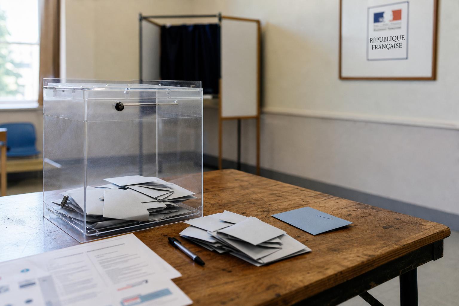 Urne transparente et bulletins de vote dans un bureau de vote français, illustrant la présidentielle 2027.