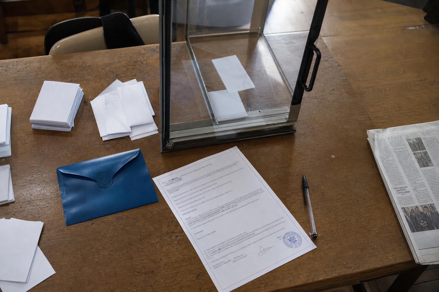 Desk with blank voting papers, a ballot box and official documents preparing the French presidential election 2027