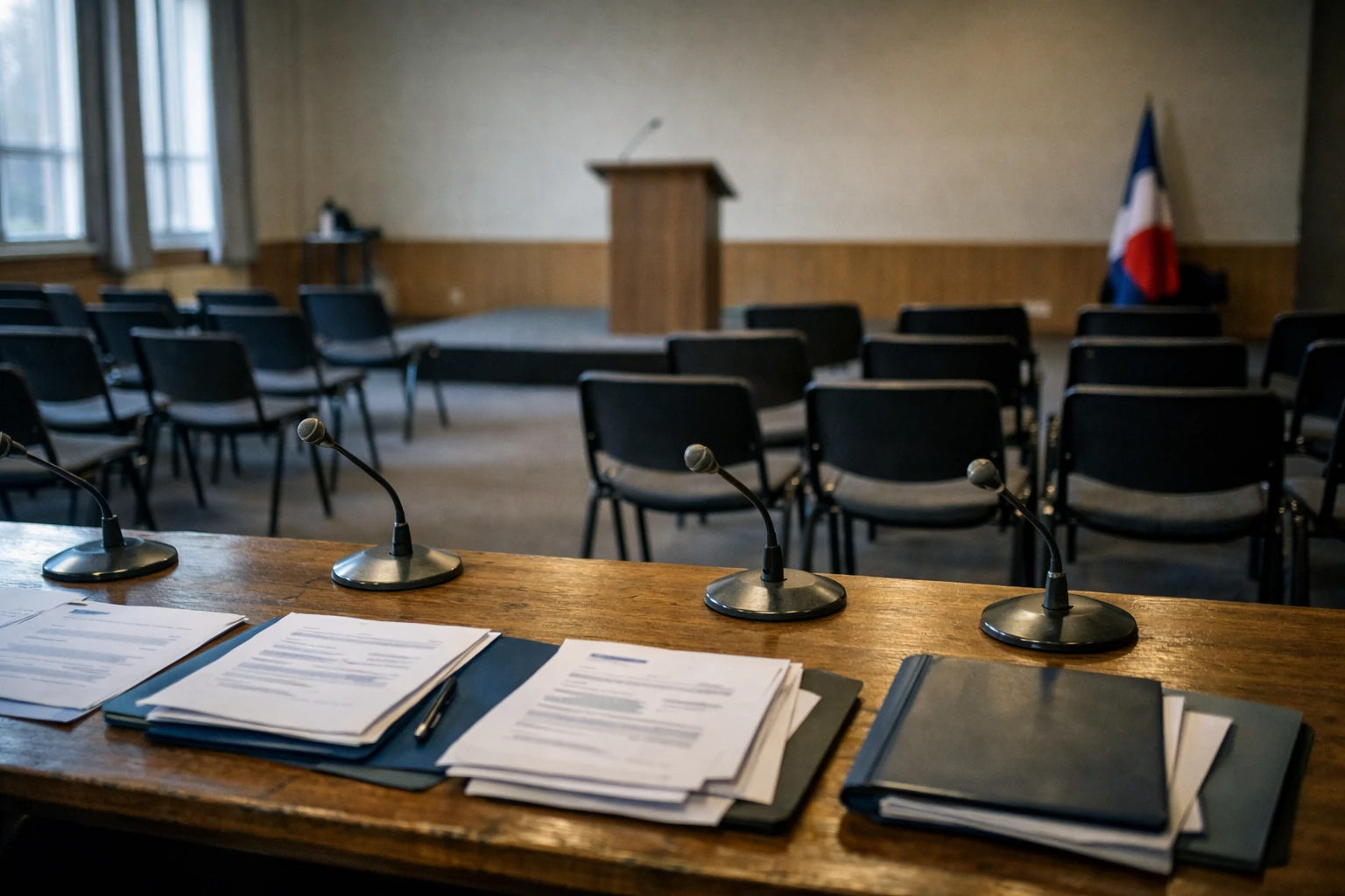 Salle de réunion de campagne présidentielle avec pupitre, micros et dossiers, ambiance institutionnelle française