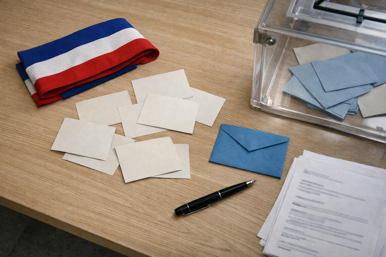 Bureau de vote français vu en plongée avec bulletins, urne transparente et enveloppe bleue pour illustrer la présidentielle 2027.