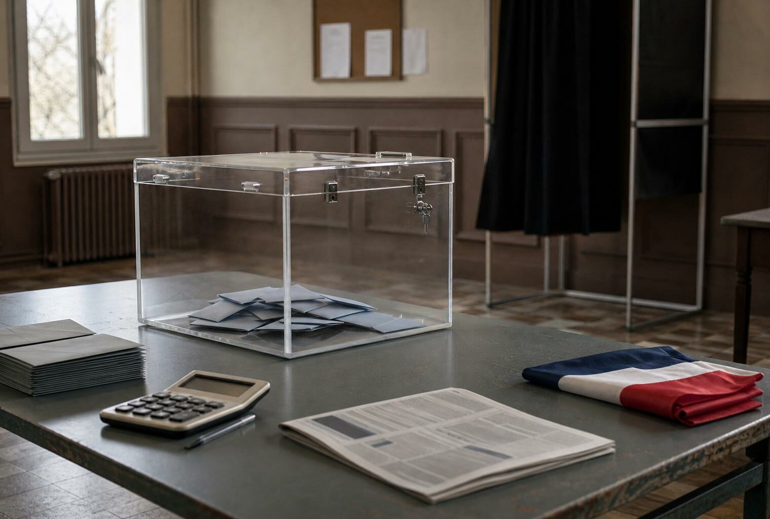 Urne transparente et documents électoraux flous dans un bureau de vote français, image éditoriale sur la présidentielle 2027