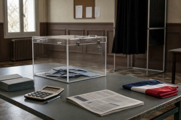 Urne transparente et documents électoraux flous dans un bureau de vote français, image éditoriale sur la présidentielle 2027