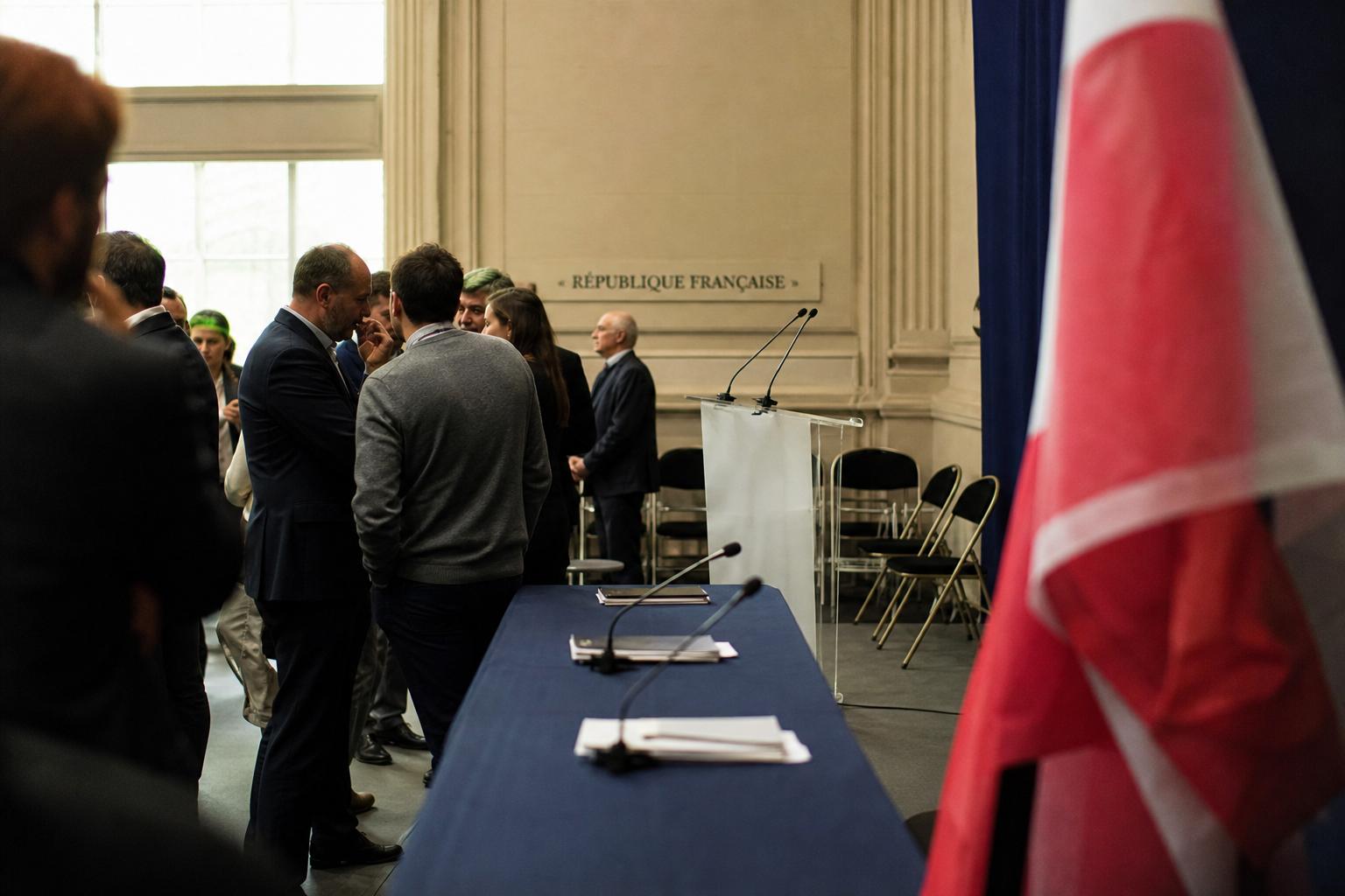 Salle de campagne politique française avec micros, sièges vides et drapeau tricolore partiel, illustrant la présidentielle 2027.