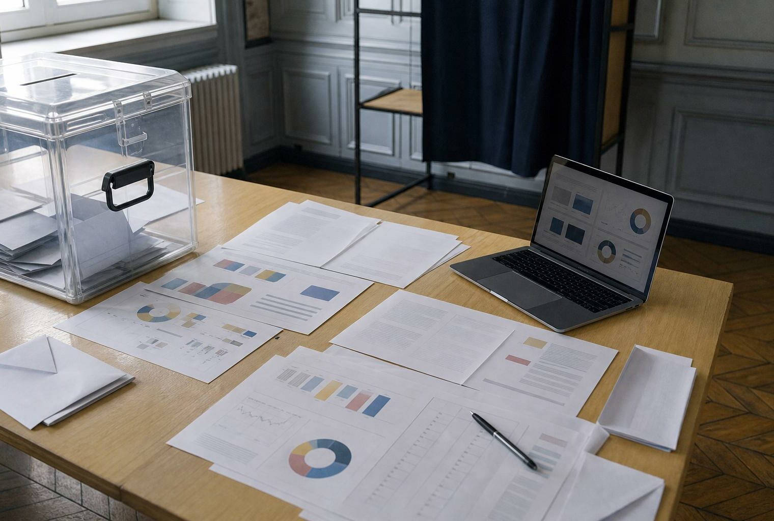 Vue plongeante d’un bureau de consultation politique avec urne transparente, documents et ordinateur flous pour illustrer la présidentielle 2027