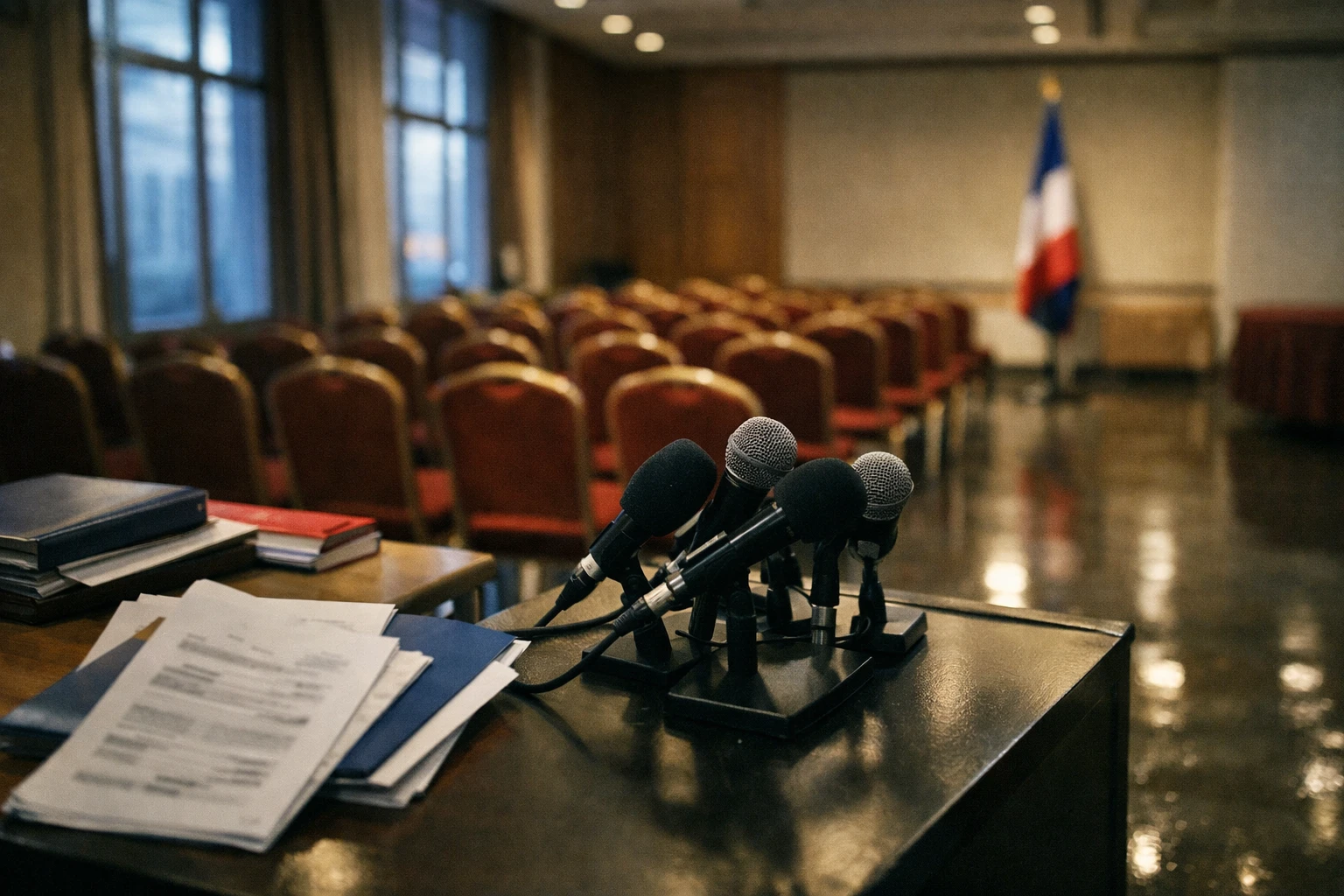 Salle de presse institutionnelle française vide avec micros, sièges rouges et drapeau tricolore discret, illustrant la fragmentation des candidatures pour la présidentielle 2027.