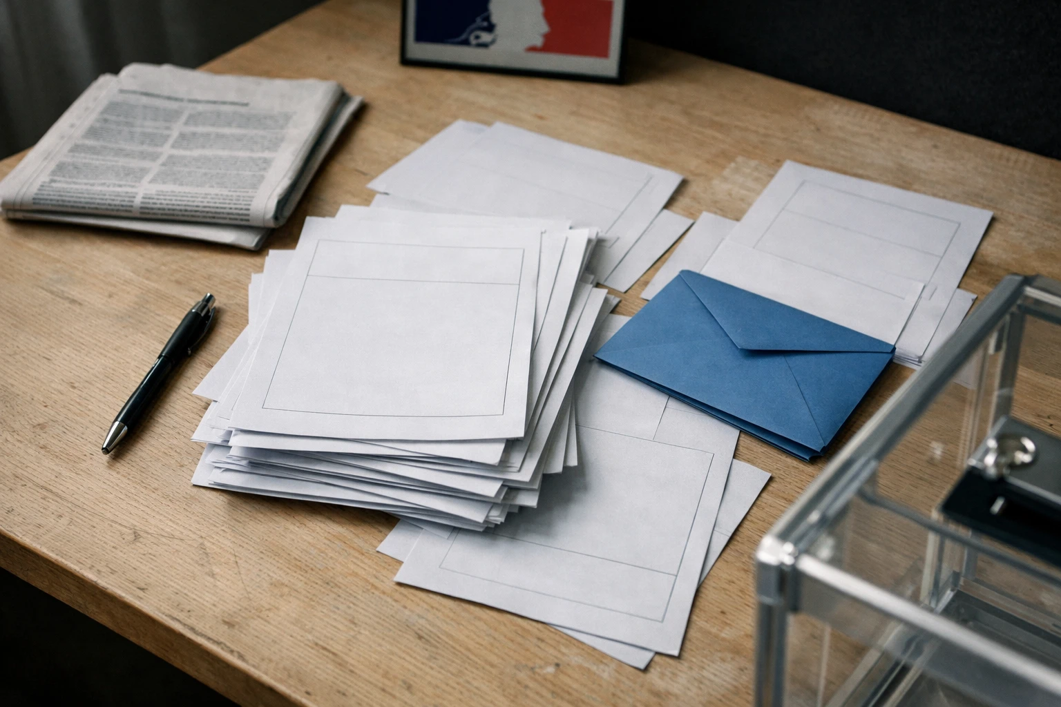 Flat lay photojournalistic scene of French presidential election nomination papers, a sealed envelope and a transparent ballot box on a desk