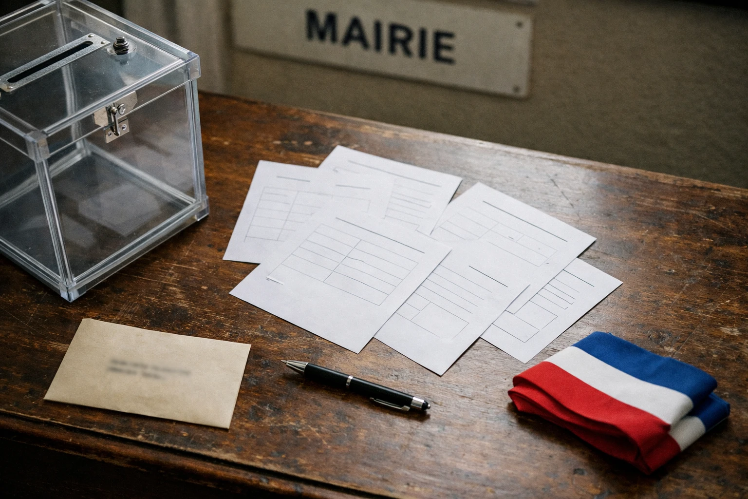 Flat lay photojournalistique dans une mairie française avec urne transparente, formulaires électoraux flous et écharpe tricolore pliée.