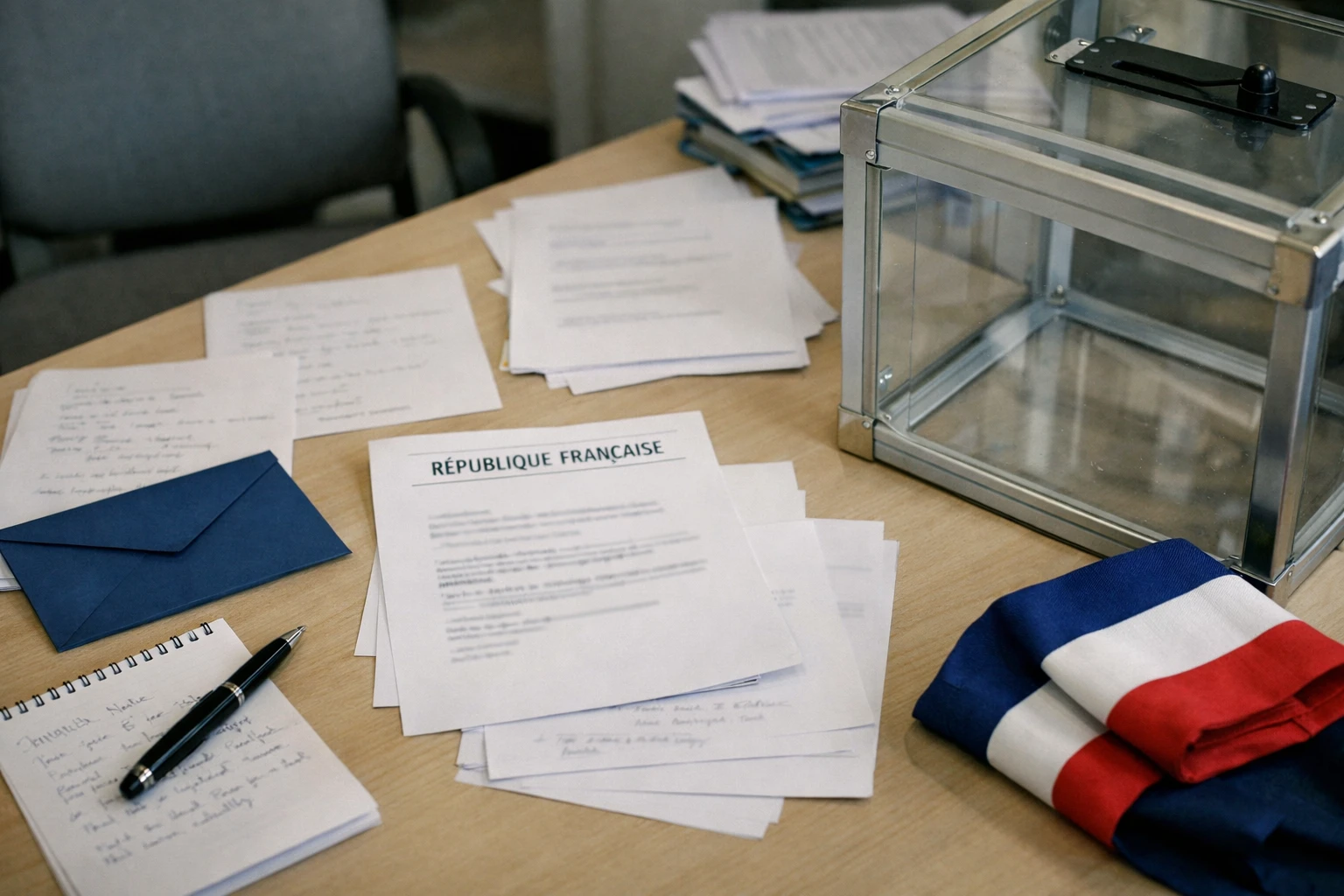 Vue en plongée d’un bureau de campagne présidentielle avec bulletins, enveloppe bleue, urne transparente et écharpe tricolore