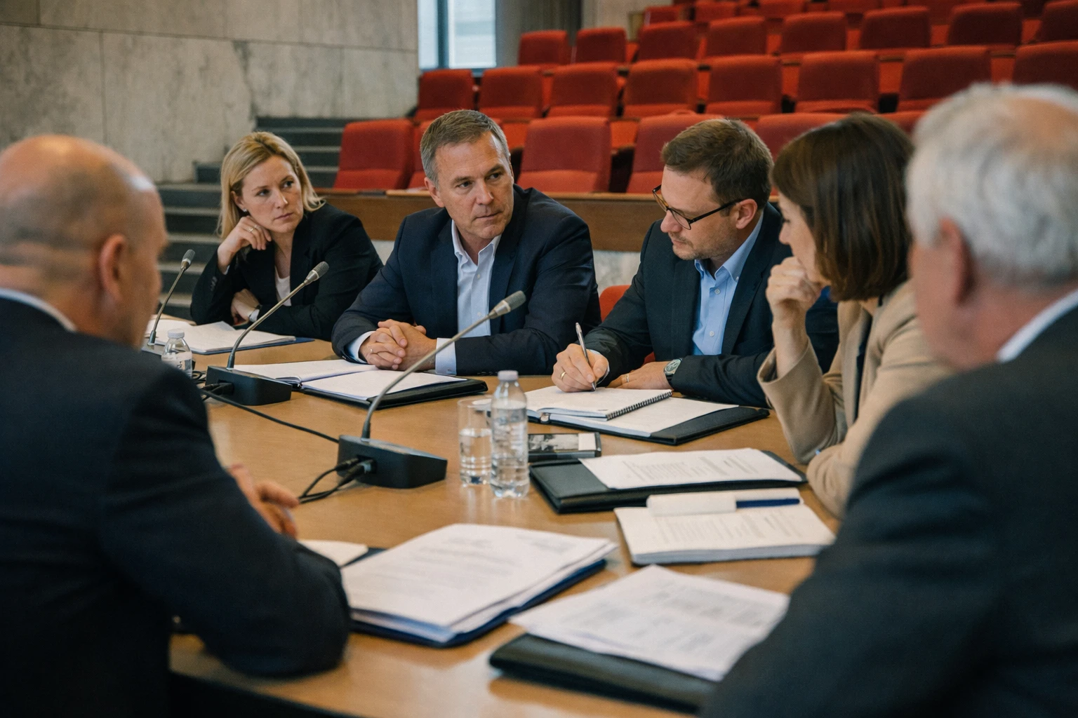 Réunion politique de campagne à Reims dans une salle institutionnelle, avec micros de table, dossiers ouverts et sièges rouges.