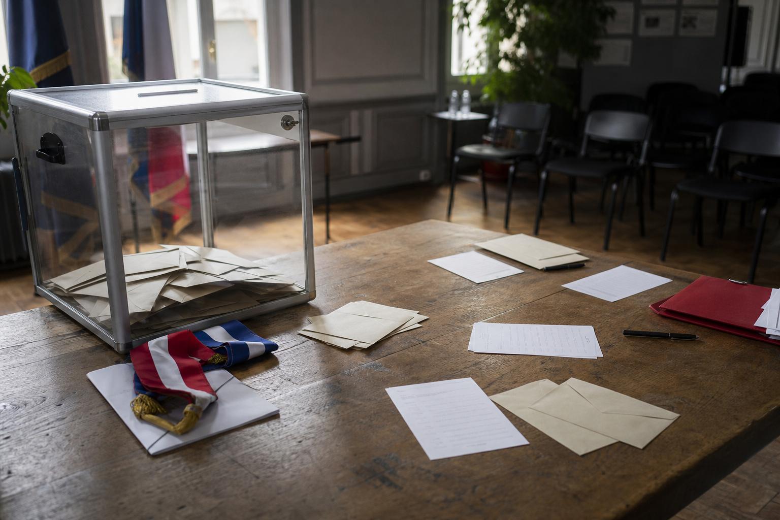 Table de réunion politique avec bulletins, urne transparente et écharpe tricolore dans un bureau français