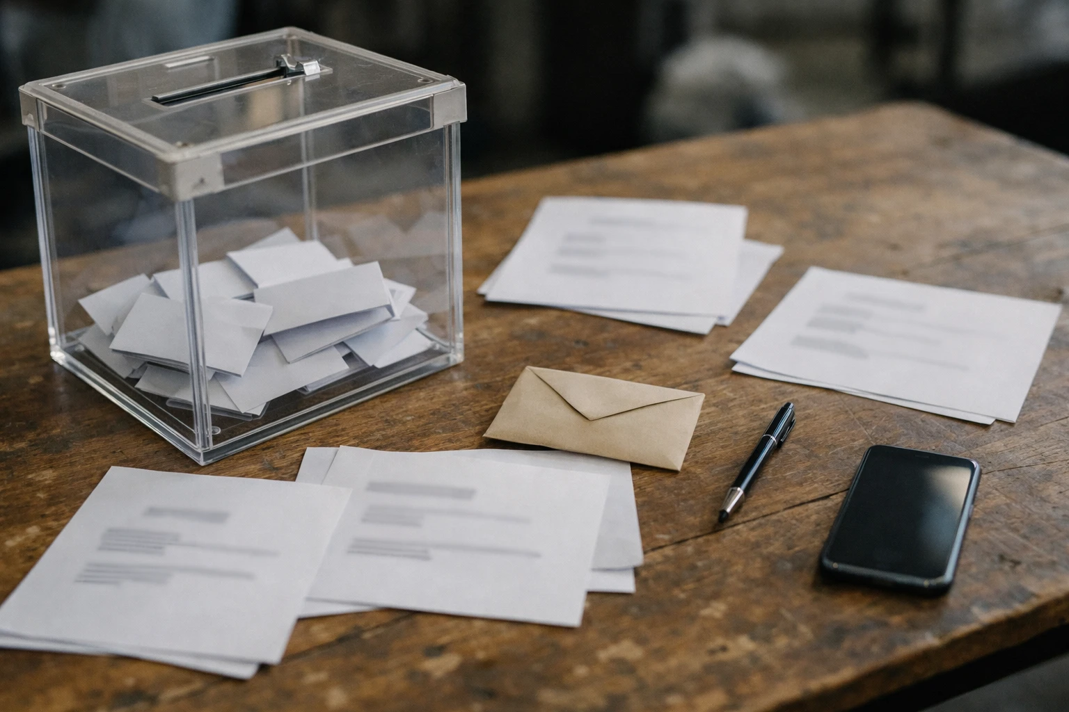 Urne transparente et documents de sondage flous sur une table, illustration photojournalistique d’un article sur la présidentielle 2027 et Jean-Luc Mélenchon.
